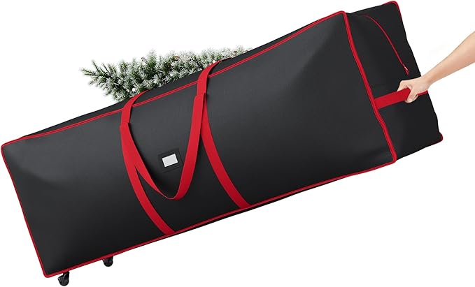 ELYKEN Christmas Tree Storage Bag with Wheels, Rolling Storage Bag for Artificial Christmas Tree and Decorations, Heavy Duty 600D Oxford Fabric, Length-Adjustable Handles, 16x20x64in, Black