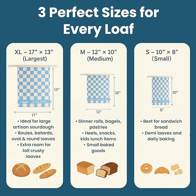 Buzzy Bags 3-Pack Reusable Beeswax Bread Bags (XL, M, S) - Organic Cotton Beeswax Bread Storage Bag for Homemade Bread & Sourdough Freezer-Safe, Breathable & Freshness Support - Eco-Friendly Bread Bag