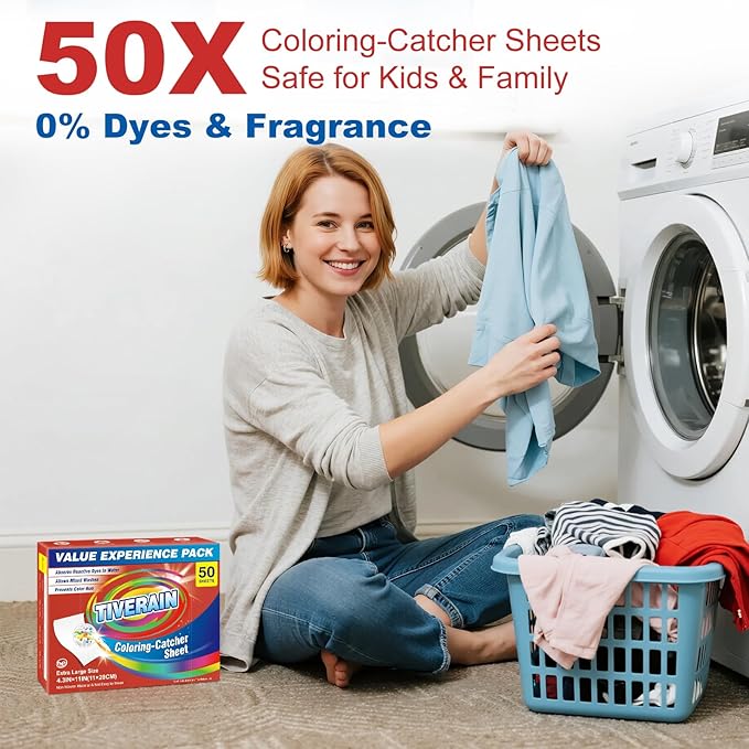 TIVERAIN 50 pcs Coloring-Catcher Sheet for Laundry,Color Grabbers Laundry Sheet,Allow Mixed Washes and Prevents Color Runs,Fragrance Free Color Absorber Sheets for Family No Fluorescent Agent