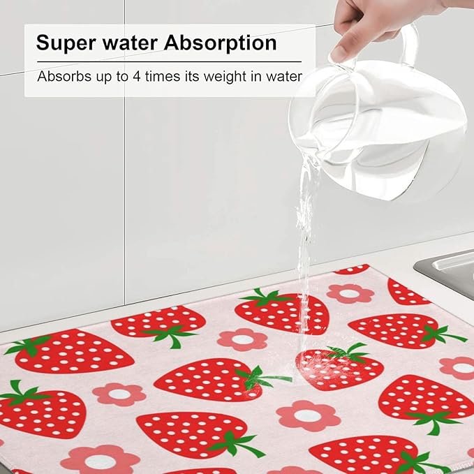 Pink Strawberry Dish Drying Mat 18x24 For Kitchen Counter Absorbent Microfiber Dishes Pad Dish Drainer Rack Mats Fast Dry Kitchen Accessories