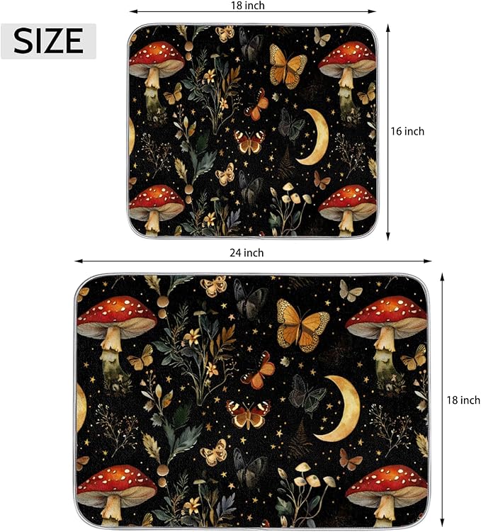 Hexteria Mushrooms and Butterflies Dish Drying Mat for Kitchen Counter Microfiber Absorbent Dish Draining Reusable Washable Foldable Large 16"x18"