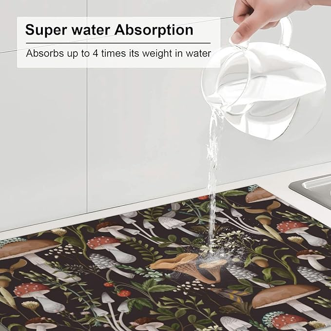 Cute Mushroom Dish Drying Mat For Kitchen Counter 18 X 24 In, Microfiber Absorbent Dish Drainer Mat With Hanging Loop Reversible Dish Drainer Mats Countertops Protector Pad (Vintage Dark Forest )