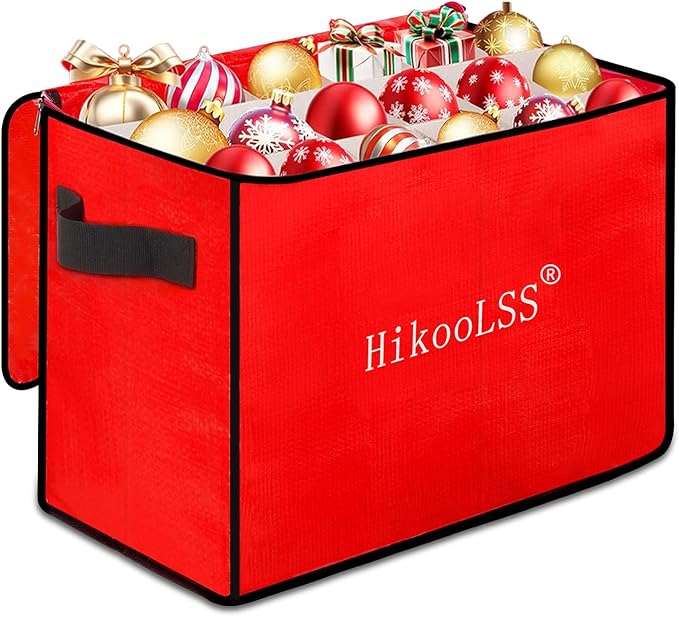 Christmas Ornament Storage Box - Stores up to 72 Holiday Ornaments with Adjustable Dividers,Covered Top and Two Handles,Double Zipper. PE Material Keeps Holiday Ornaments Clean and Dry (Red)