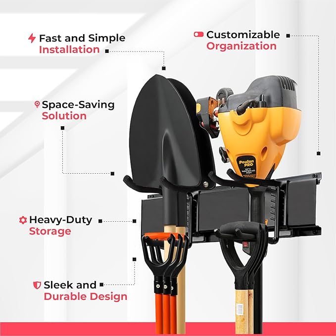 TIDYME Garage Wall Organizer | 32" Heavy-Duty Tool Storage Rack | Adjustable Double-Layer Hooks | 200 lbs Capacity | Carbon Steel Wall Mount Holder for Shovels, Rakes, Ladders & Power Tools