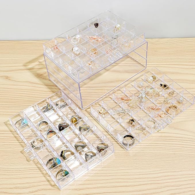 Earring Organizer Box Acrylic Stackable Jewelry Organizer with 3 Drawers 72 Small Compartments Clear Jewelry Display Stand for Stud Earring Ring Pin Display (Transparent)