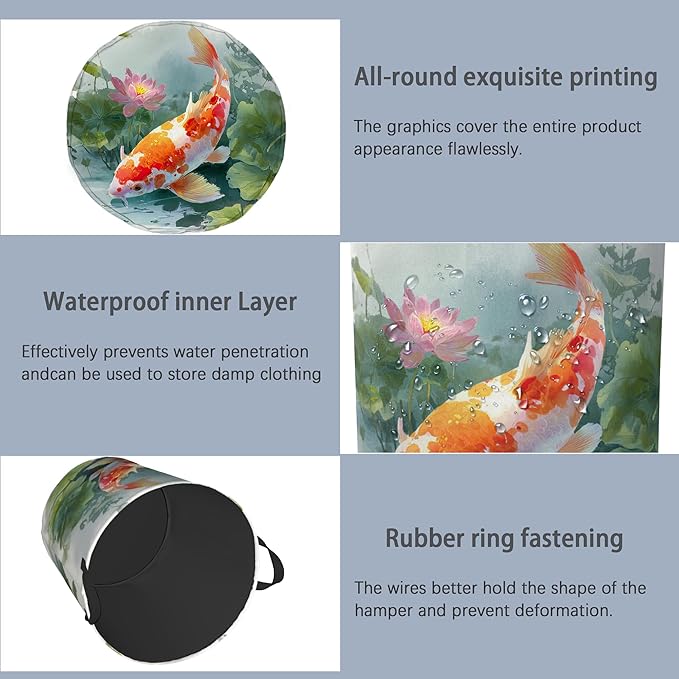 Goldfish Laundry Basket,Lotus Foldable Oxford Cloth Tote Bag Laundry Hamper Clothes Storage Bucket Organizer for Bedroom Laundry Storage Dormitories 16" x 20.8"