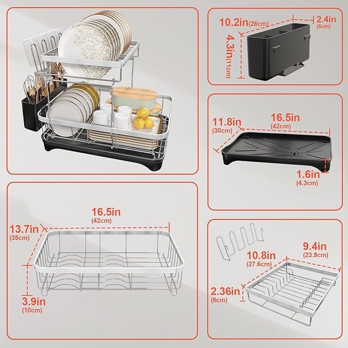 HOMEAILIE 2-Tier Dish Drying Rack for Kitchen Counter, 304 Stainless Steel with Adjustable Drainboard, Removable Utensil Holder & Water Filter Tray, Black