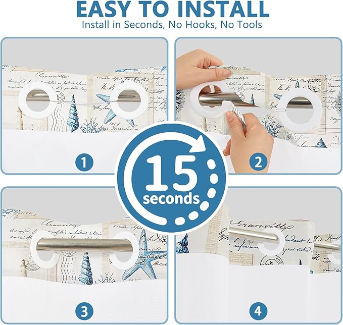 No Hook Vintage Nautical Shower Curtain with Waterproof Snap-in Liner, Ocean Themed Stamps Retro Shower Curtain with Mesh Top Window, Quick Dry Cloth Shower Curtains for Bathroom, 71"W x 74"L