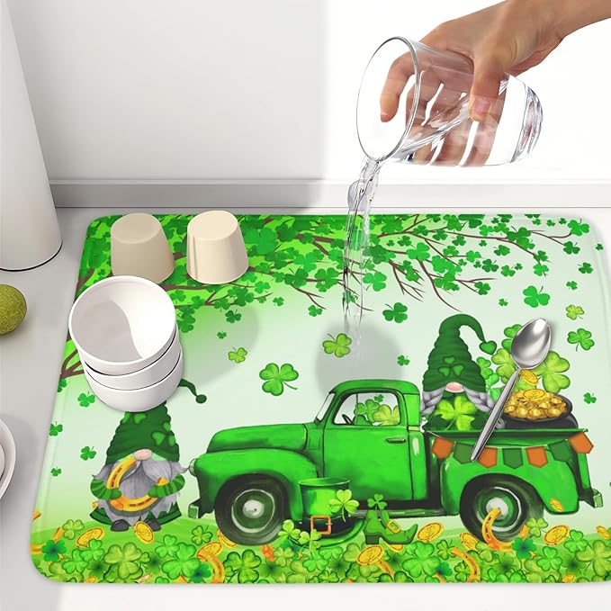 Kwlegh St Patrick's Day Shamrock Dish Drying Mat for Kitchen Counter Green Gnome Truck Dish Dry Mat St Patrick Spring Drying Mats Microfiber Absorbent Dish Drainer Rack Mat Large 18x24 Inch
