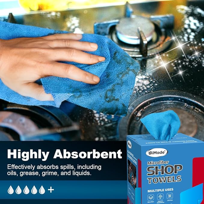 UNIMADE Shop Towels, 100 Sheets Microfiber Cleaning Cloth Commercial Grade Washcloths Lint-Free Bulk Shops Rags for Cars Mechanic Restaurant Garage Housekeeping, 11"x 9", Blue