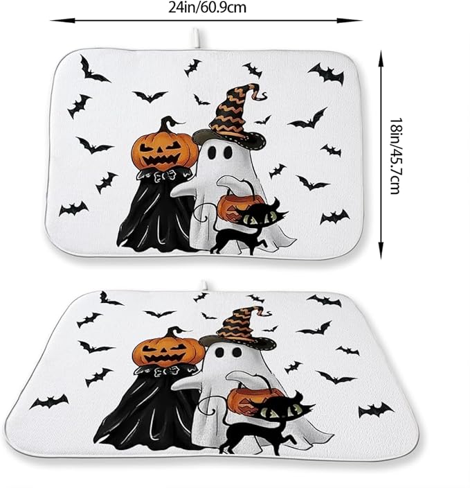 Halloween Dish Drying Mat 18 x 24 Inch Ghost Spooky Jack-O'-Lantern Pumpkin Drying Mat for Kitchen Counter Absorbent Black Cat Bats Dishes Dry Pad for Drainer Rack Kitchen Fast Dry