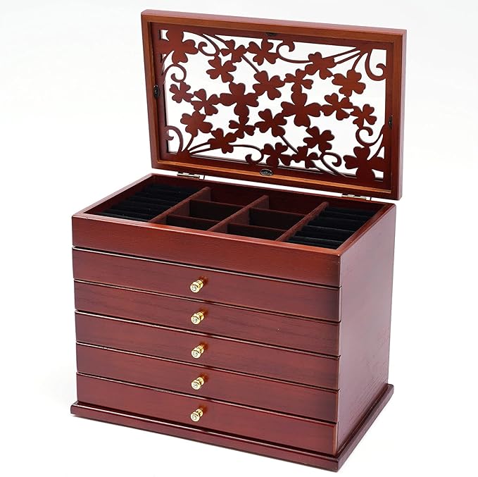 Eapmic Extra Large Four-Leaf Carved 6 Layers Wooden Jewelry Box Jewelry Case Cabinet Armoire Ring Necklacel Gift Storage Box Organizer (Brown)