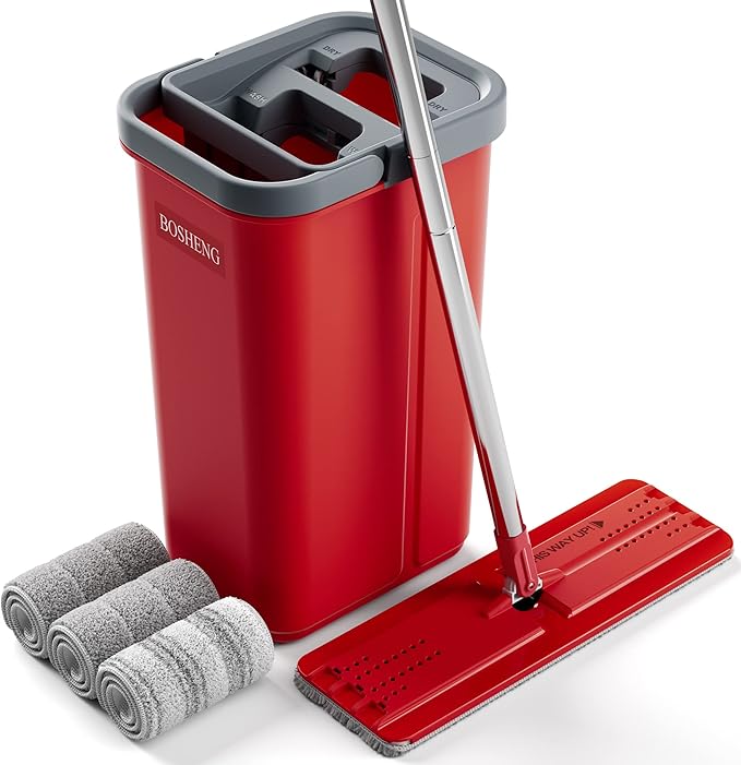 BOSHENG Mop and Bucket with Wringer Set, Flat Mop and Bucket, Squeeze Floor Mop with 3 Washable Microfiber Mops, Wet and Dry Use, Household Cleaning Tools, for Hardwood Floor, Laminate, Tile