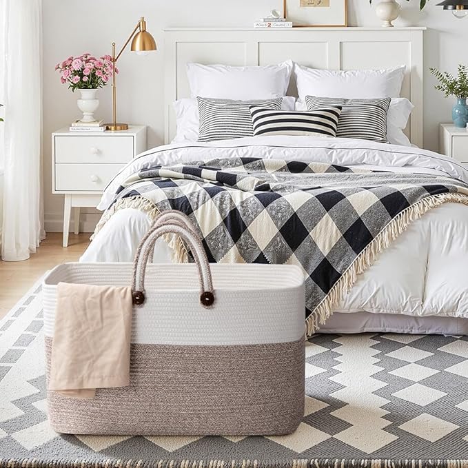 OIAHOMY 95L Large Blanket Basket, 24”x16”x15” Rectangle Woven Baskets For Storage, Nursery Blanket Storage Living Room, Toy Box With Long Handle-Gradient Brown With White