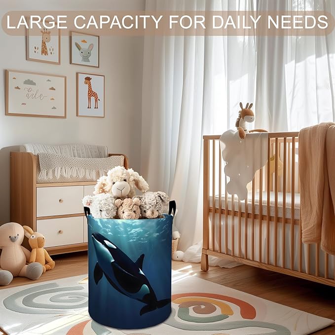 Orca Whale Laundry Basket Hamper 19.7"x15.8", Ocean Foldable Waterproof Oxford Clothes Storage Bucket for Room Bathroom Bedroom Nursery Decor, Toy Organizer Bins Gifts for Kids Boys Girls