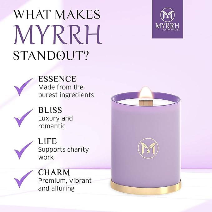 MyrrhUSA Lavender Blossom Scented Candle – 15oz Natural Soy Wax with Crackling Wooden Wick & Essential Oil, 80 Hour Burn | Luxury Aromatherapy Candle for Relaxation, Home Décor, Living Room & Bathroom
