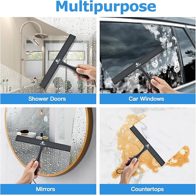 ROLIZOE Shower Squeegee for Shower Doors with Bold Handle, 11" Anti-Rust Silicone Shower Squeegee for Shower Glass Door with Stainless Steel Inner Frame, Ergonomics All-Purpose Window Squeegee-Black