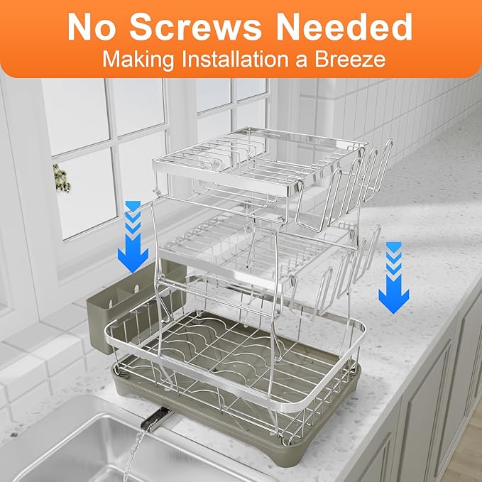 HOMEBOSILY Dish Drying Rack, 2 -Tier 304 Stainless Steel Adjustable Spout Auto-Draining Dish Rack, Space Saving Dish Drainer with Drainboard and Utensil Holder for Kitchen Counter Grey