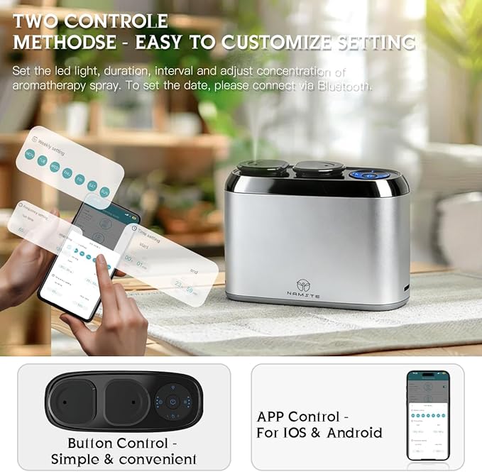 Waterless Essential Oil Diffuser Upgrade 50ml x 2 Types Scent Diffusers, Portable Wireless Aroma Air Machine, Smart App & Button Control Fragrance for Large Room, Bathroom, Office, Camping