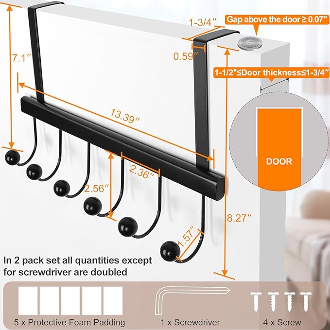 TOPIA HANGER Over The Door Hooks for Hanging, Towel Hooks Towel Racks for Bathroom, Coat Hooks Coat Rack Over The Door Organizer Hanging, Wooden Door Hangers for Coat Towel Hat Purse CT72B - 2 Pack