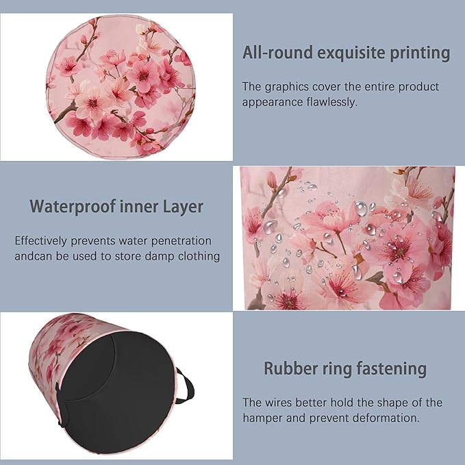 Cherry Blossoms Laundry Basket,Japanese Foldable Oxford Cloth Tote Bag Laundry Hamper Clothes Storage Bucket Organizer for Bedroom Laundry Storage Dormitories 16" x 20.8"