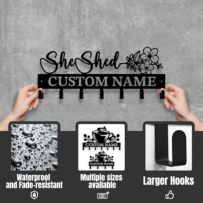Personalized She Shed Metal Keys Hooks,Custom Name Metal She Shed Keys Hooks,Black Metal She Shed Wall Home Storage Decorative Keys Hooks,Key Holder Hooks for Wall (Style E)