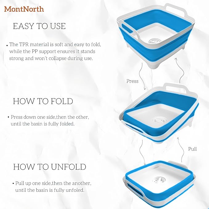 Collapsible Wash Basin 9L, Foldable Dish Tub with Drain Plug, Portable Collapsible Dish Basin, Camping Sink for Washing Dishes, Laundry & Kitchen Use (Blue)