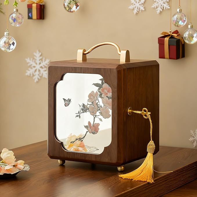 KINTNESS Wooden Jewelry Box With Key, 4 Layers Lockable Handheld Single Door Mirror-Flower Jewelry Box For Women Girls, Walnut Texture for Bracelet, Necklace, Ring
