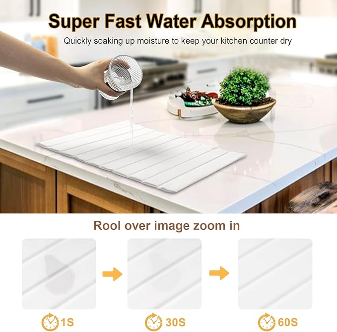 Large Stone Drying Mat for Kitchen Counter with PU Leather, Quick Drying Collapsible Dish Drying Mats,25"(L)×16"(W) Absorbent Diatomaceous Earth Mats for Dishes Bottles Cups,Match Any Countertop