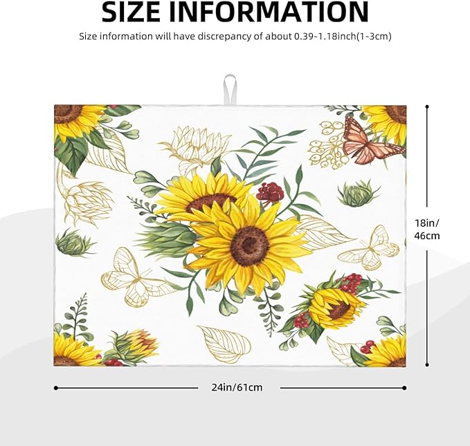 Sunflowers Dish Drying Mat Microfiber Kitchen Drying Mat Large Butterfly Dish Drying Mats for Kitchen Counter Absorbent Quick Drying Pad 18x24 Inch