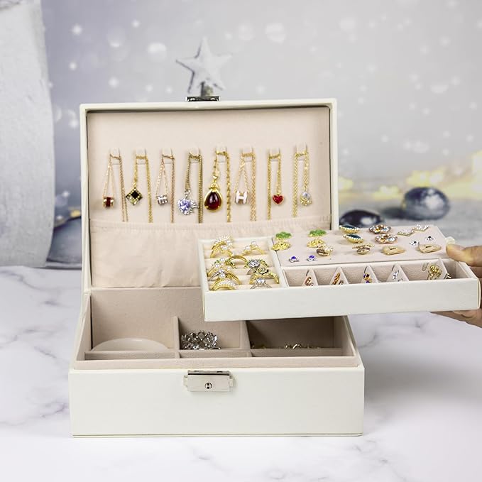 SYCARON Jewelry Box Organizer for Women, Jewelry Organizers 2 Layer Jewelry Storage Box PU Leather with Lock for Women Girls Rings Earrings Necklace Bracelets, Off White