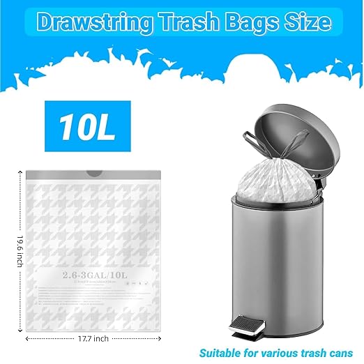 OKKEAI 2.6 Gallon Small Trash Bags White Drawstring Bathroom Garbage Bags – 90 Count Tear-Free, Heavy Duty Printed Liners, Leak-Proof White Trash Bag for Kitchen, Office, Multipurpose Use