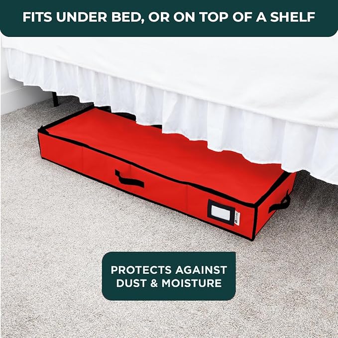 HOLDN' STORAGE Premium Wrapping Paper Storage Container - Durable 600D Tear-Proof, Fits 27 Rolls Gift Wrap, Extra Pockets for Ribbons & Bows, Underbed Storage - Ideal for Holiday Christmas, Red/Black Trim