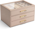 Vlando 3 Layer Jewelry Box for Women, Glass Lid Jewelry Organizer with 3 Drawers for Necklaces Rings Earrings Bracelets - Toffee