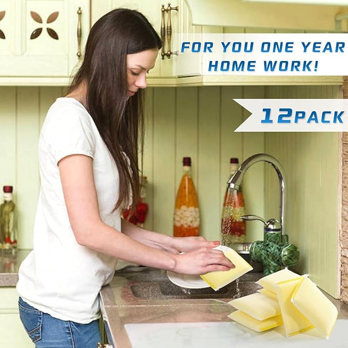 All-Purpose Non Scratch Sponges，Sponges Kitchen for Washing and Cleaning Dishes, Non-Stick Cookware,Premium Scrub and Scrubbers，Cleaning of Kitchen, Bathroom,and Household,12Pad