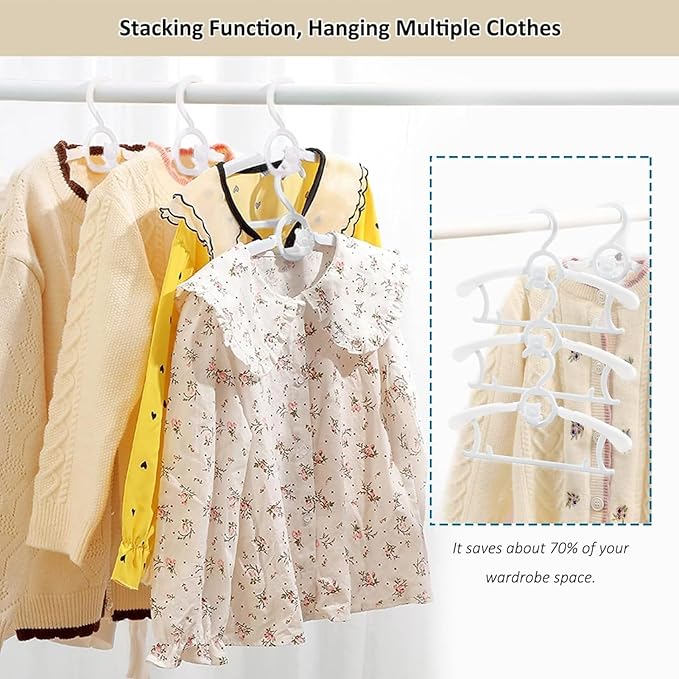 HGYZE Baby Hangers for Closet 50pcs, White Kids Clothes Hanger Plastic, 11-14" Adjustable Bulk Perchas for Newborn, Non-Slip Children Outfit Bear Hanger for Girl Boy Toddler Infant Nursery Clothing