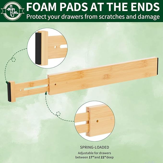 Dunruz 4 Pack Bamboo Drawer Dividers 2.6" High,17-22" Adjustable Spring Loaded Clothes Drawer Organizers for Kitchen, Dresser, Bathroom, Bedroom and Office