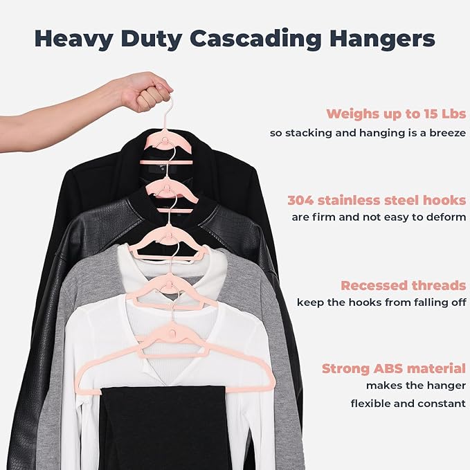 Limogoo Pink Velvet Hangers 50 Pack, Felt Covered Non Slip Fabric with Stackable Cascading Hook, Ultra Thin and Space Saving with 360° Swivel Neck, 15Lbs Capacity for Clothes, Suit, Shirt, Coat