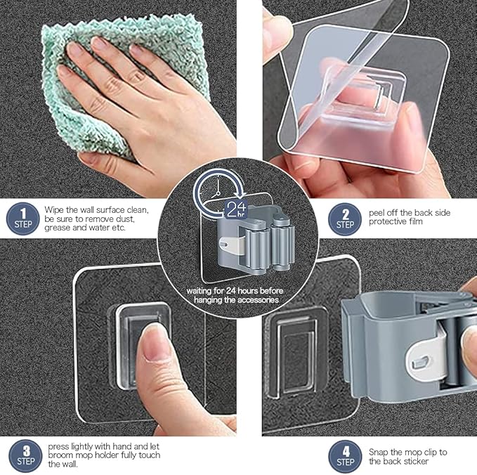 3-H 24-Pack Self Adhesive Broom Holder Wall Mount - Heavy Duty No Drill Broom Organizer for Garage Closet Kitchen, Plastic Storage Rack for Brooms Mops Tools, Peel and Stick Adhesive