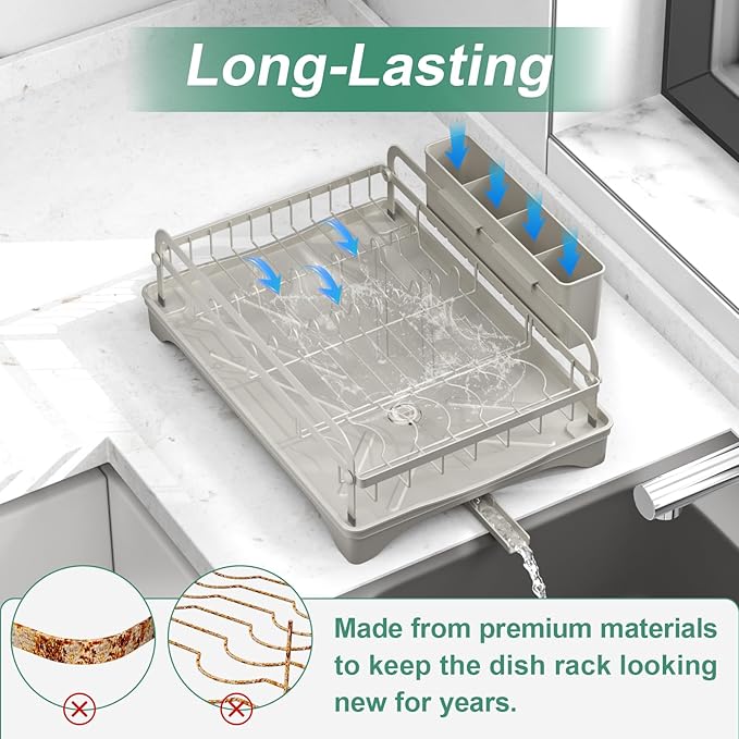 HOMEAILIE Dish Drying Rack,Dish Racks for Kitchen Counter,Metal Dish Drainer with Adjustable Drainage Spout,Removable Knife and Fork Holder (Grey)