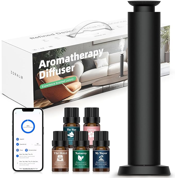Wirless Rechargeable Waterless Scent Diffuser Kit, Includes 5 Premium Oils, 2000 Sq.Ft Coverage,Hotel Scent Diffuser for Home, Studio, Cordless Essential Oil Diffuser Large Room, APP Control - Black