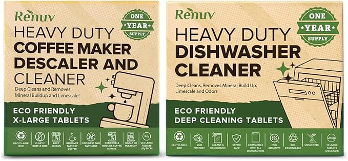 Renuv Coffee Maker Cleaner + Dishwasher Cleaner Bundle - Heavy Duty Kitchen Appliance Deep Cleaning and Descaling, (12 Tablets of each)