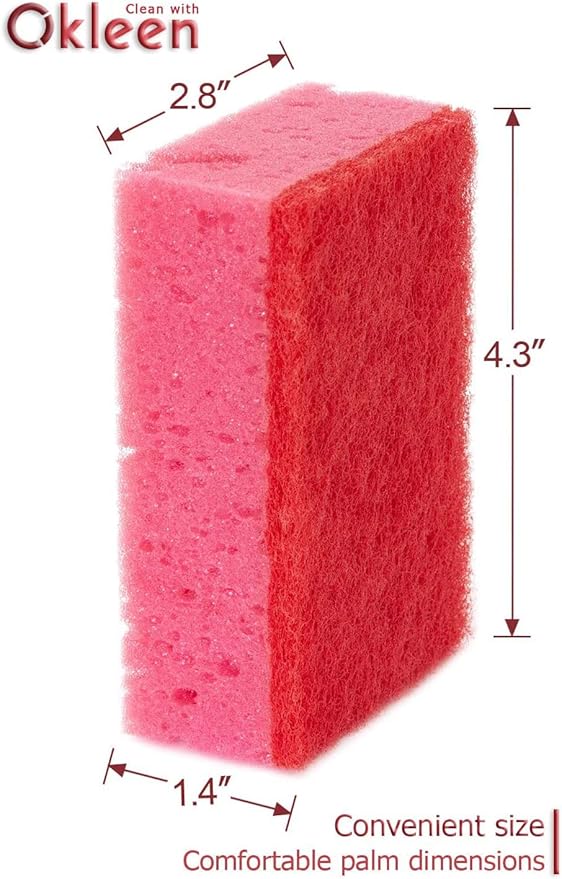 Okleen Pink Multi Use Scrub Sponges. Made in Europe. 18 Pack, 4.3x2.8x1.4 inches. Odorless Heavy Duty & Non Scratch Fiber. Durable and Delicate Scrubber for Kitchen & Bathroom, Housekeeping & Outdoors