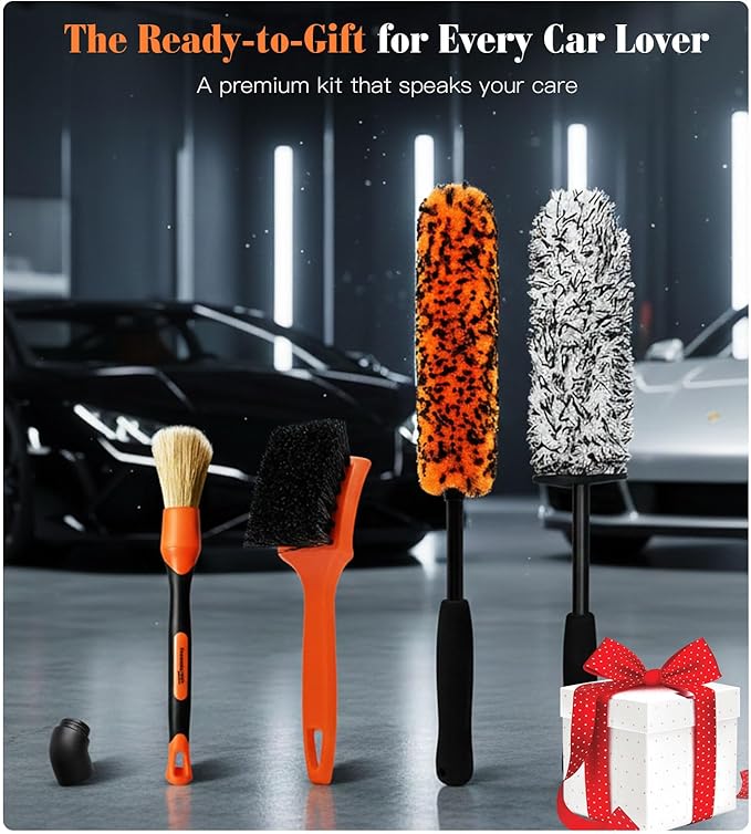 YeewayVeh 4PCS Car Wheel Brush Kit, Microfiber Wheel Cleaner Brush with Boar Hair Detailing Brush, Bendable & Durable Wheel and Tire Brush Kit for Cleaning Wheels, Tires