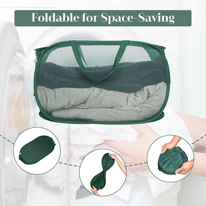 Sturdy Mesh Pop Up Laundry Hamper, Collapsible Laundry Baskets with Side Pocket, Foldable Clothes Hamper with Reinforced Carry Handles for Laundry, Bathroom, Kids Room, Dorm or Travel Emerald