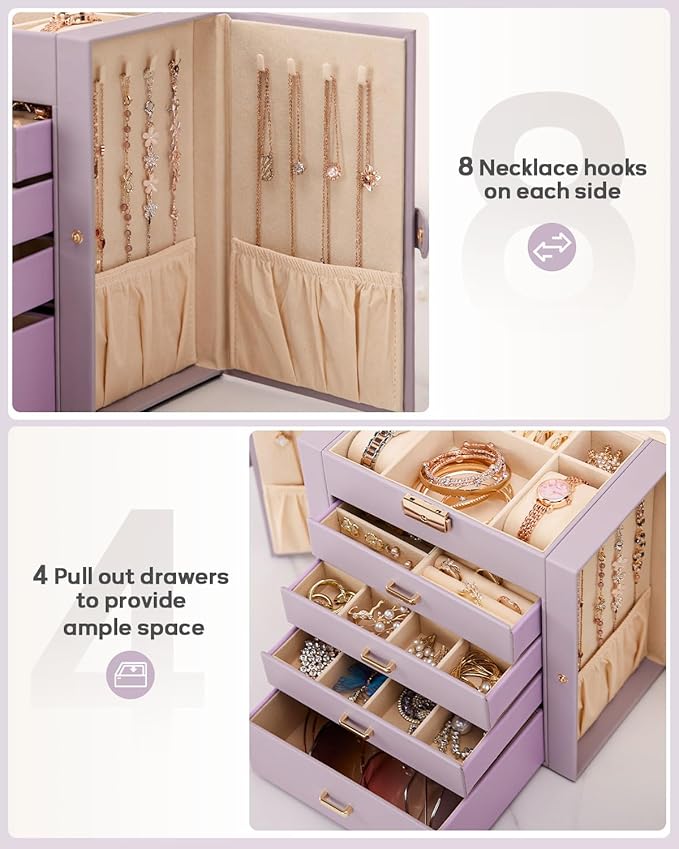 Homde Christmas Gifts Synthetic Leather Huge Jewelry Box Mirrored Watch Organizer Necklace Ring Earring Storage Lockable Gift Case (Grey Purple + Gold)