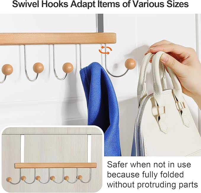 TOPIA HANGER Over The Door Hooks for Hanging, Towel Hooks Towel Racks for Bathroom, Coat Hooks Coat Rack Over The Door Organizer Hanging, Wooden Door Hangers for Coat Towel Hat Purse CT71N