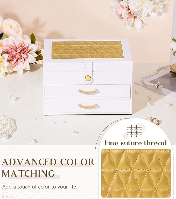 White Jewelry Box Organizer: Home Decor for Women - 2-Drawer Holder for Valentine’s Day Birthday Gift White Gold