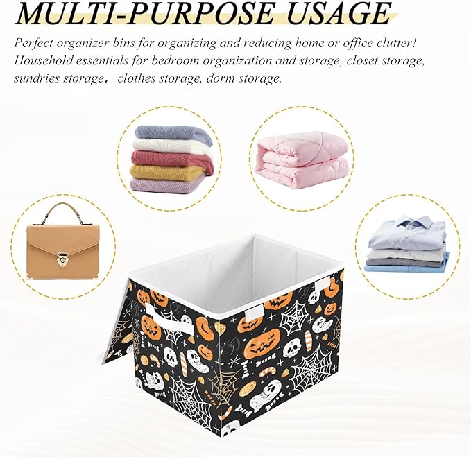 Bolaz Storage Bins with Lids and Handles,Halloween Seamless Pumpkins Spider Web Storage Box Basket with Cover Collapsible Organizer Containers for Home Closet, Shelves