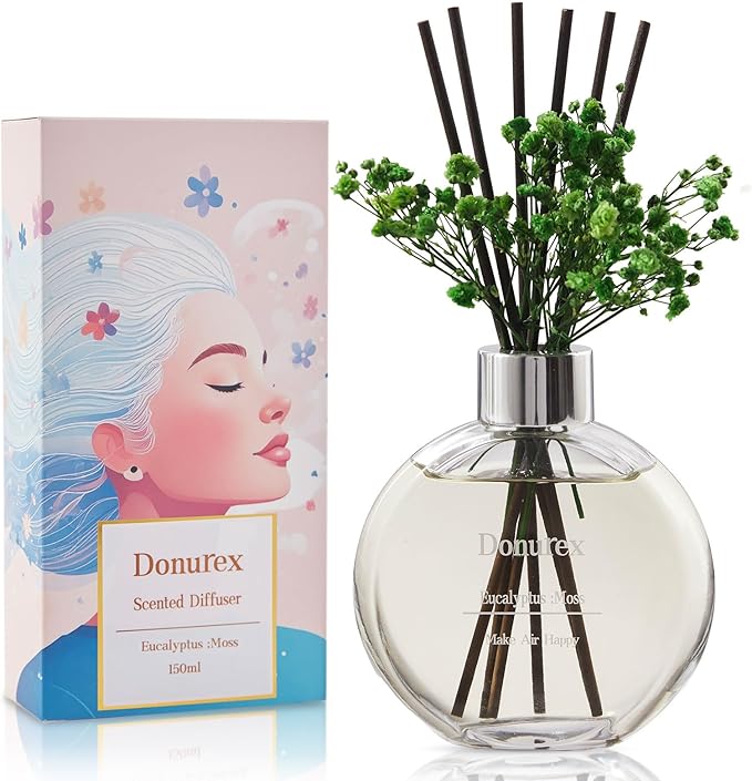 Flower Reed Diffuser Set 5.07oz Eucalyptus & Moss Scent Diffuser with Sticks Home Fragrance Reed Diffuser for Bathroom Shelf Decor